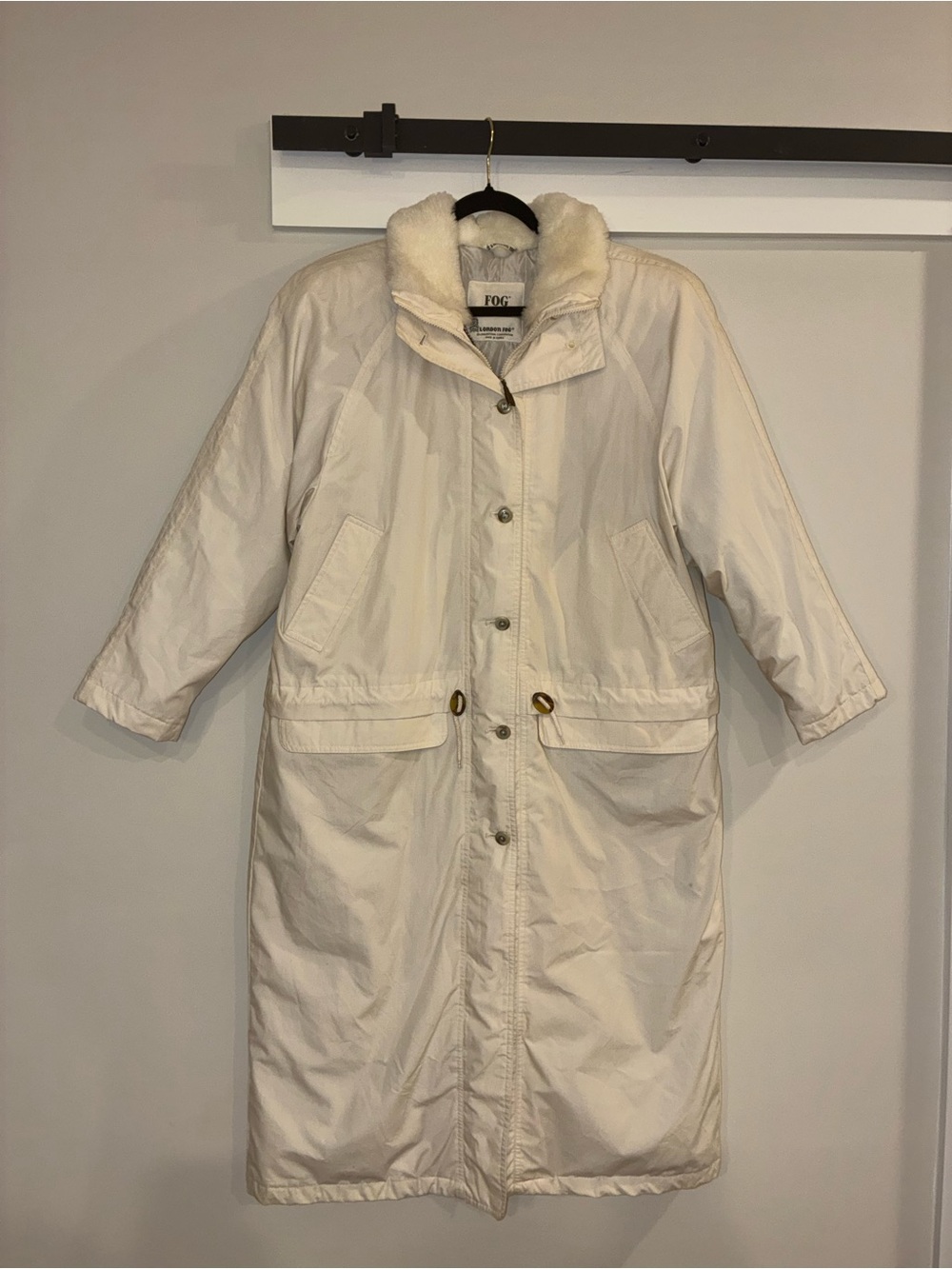 Vintage Fog London parka coat Lg faux-fur collar cream made in Korea 80s 90s